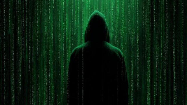 Cyber Shadow: An anonymous figure shrouded in a hooded cloak stands before a mesmerizing digital rain of code, embodying the mystery and power of the digital world.