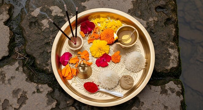 Religious offering plate with rice, flowers and incense