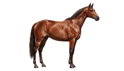 Obraz premium Beautiful brown stallion standing isolated on a white background, showcasing a majestic mare from the farm with its elegant mane and equine grace as a prime example of a livestock mammal