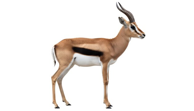 Impala antelope standing isolated on a white background showing a brown wild animal with curved horns