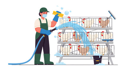 Farm Cleaning: A diligent farm worker disinfects and cleans the chicken coop and cages, ensuring a healthy and hygienic environment for poultry. © hafs121