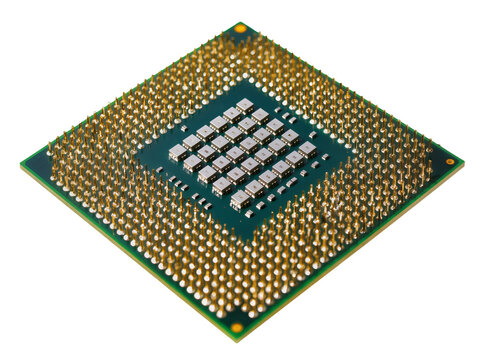 Modern computer processor unit with numerous gold pins and surface-mounted components, isolated on transparent background PNG, essential hardware for computing technology