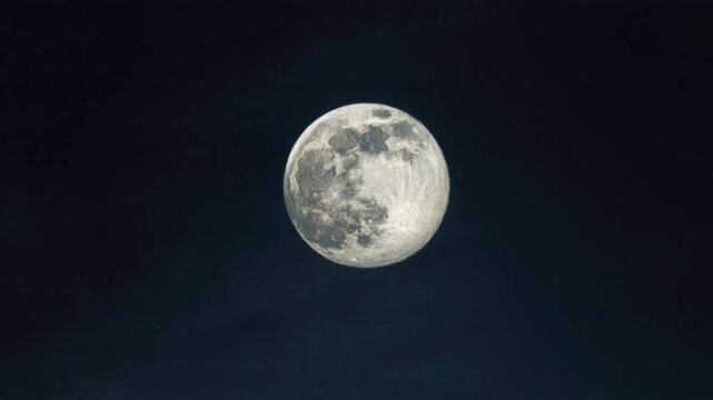 Celestial Orb: The full moon shines brightly in the vast, inky expanse of the night sky, its surface detailed with craters and shadows. A perfect celestial sphere illuminates the darkness.