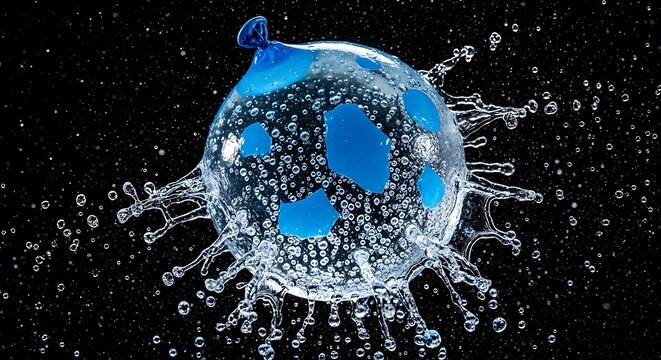 Water balloon exploding with water droplets spraying against black background