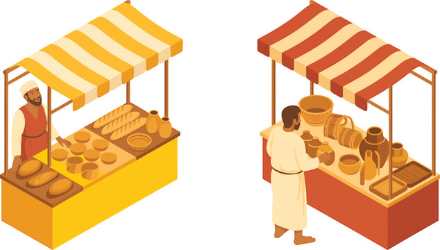 Isometric Vector Illustration of Ancient Street Market Stalls with Merchants Selling Goods