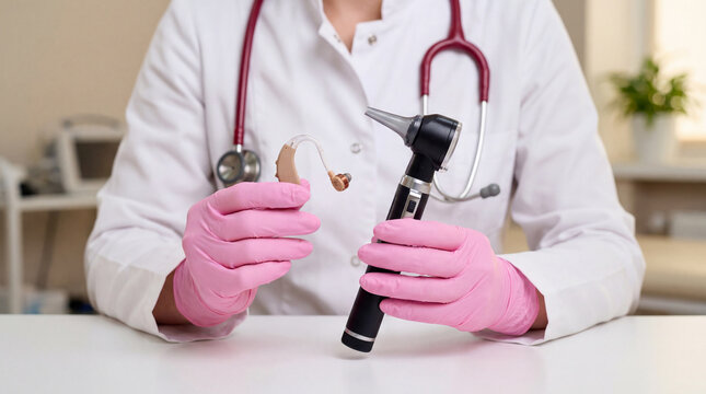 Audiologist in pink gloves holding a modern hearing aid and an otoscope for ear examination and hearing health