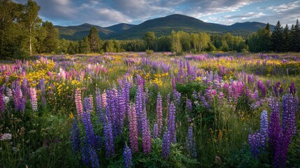 Fototapeta premium Vibrant Wildflower Meadow Under Scenic Mountain Landscape