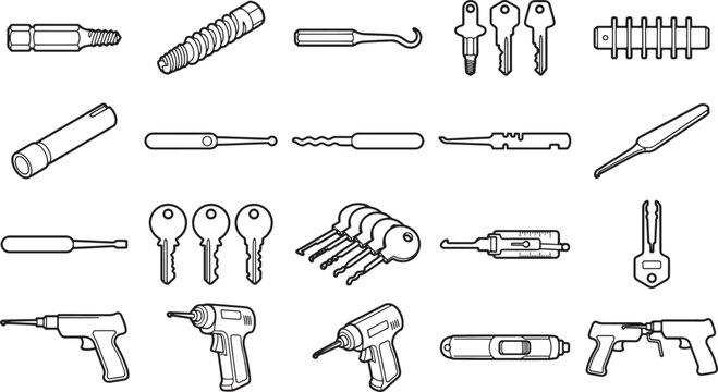 A close-up collection of professional locksmith tools arranged with precision against a blank background, showcasing the essential elements of security and protection.