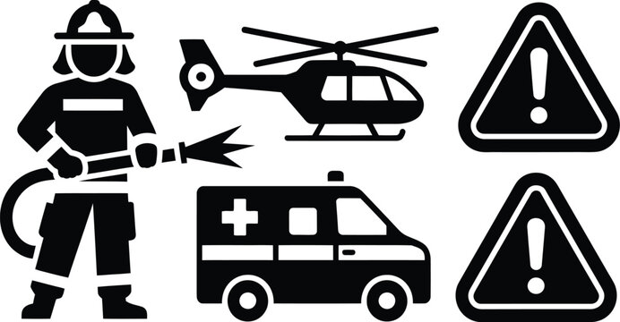 Five black emergency service icons including a firefighter and  helicopter and ambulance and warning signs.