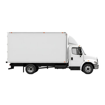 White commercial box truck with blank cargo area on transparent background