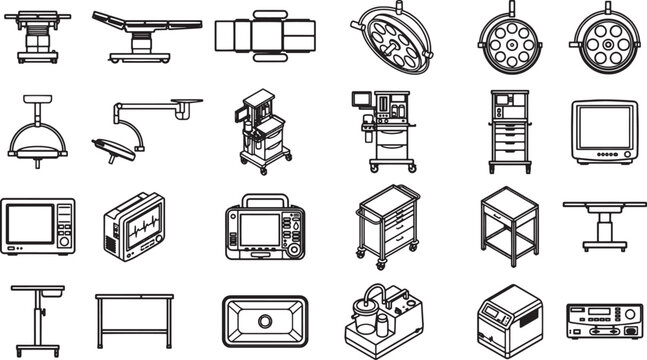 A comprehensive illustration showcasing various medical equipment and instruments, providing an informative representation of tools used in healthcare and surgical settings.