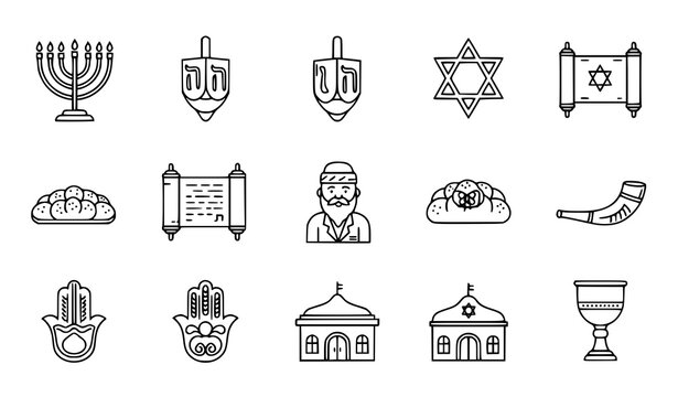 A set of Jewish symbols and icons in a minimalist line art style