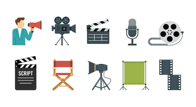 Film Production Icon Set, Ten Flat Style Cinema Icons Arranged in Two Rows, Movie Making Elements Collection for Video Production, Media, Entertainment and Filmmaking Design