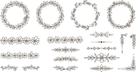 Obraz premium Hand drawn floral wreaths and decorative borders set with leaves flowers botanical vintage line art vector illustration elegant collection isolated