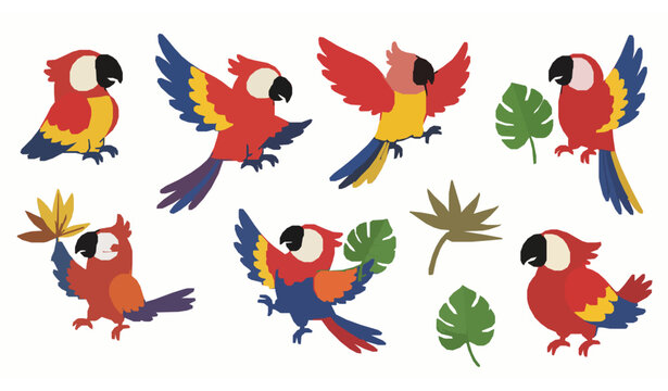 Cute parrot vector set cartoon tropical birds with leaves children illustration
