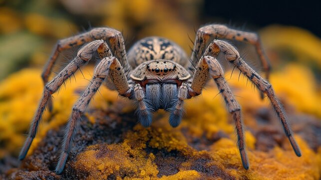 A detailed close-up of a spider on bright moss illustrates the complexity of the microcosm and would make an intriguing backdrop for a nature documentary.