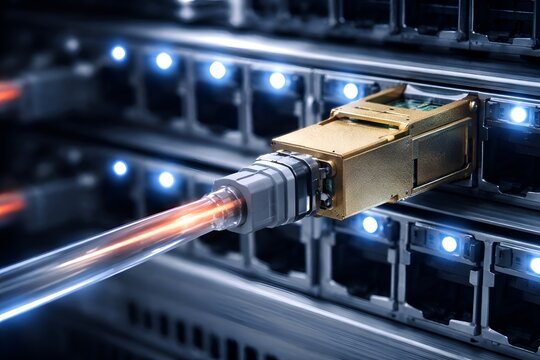 Optical Transceiver Module with Fiber Optic Laser Signal.