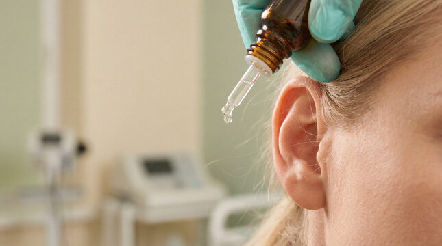 Gloved hand applying ear drops to a woman's ear. Focus on medical ear care, treatment, and hygiene