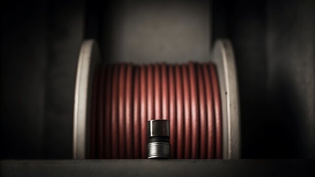 Coiled cable spool close up on dark industrial background
