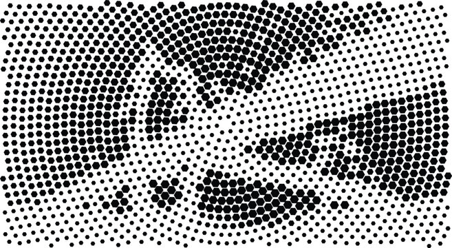 A black and white image of a face made of dots