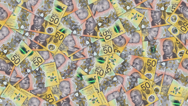 Finance illustration. Seamless pattern. Disorganized scattered plastic banknotes of 50 dollar, Commonwealth of Australia. Australian money. Textured background or wallpaper. Obverse and reverse. Bills