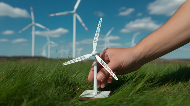 Human hand placing small white wind turbine model in vibrant green grass with wind farm in sunny background representing clean renewable energy environmental sustainability and fut