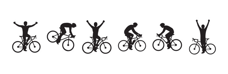 Obraz premium Cyclist silhouette celebrating victory and riding bicycle with arms raised high