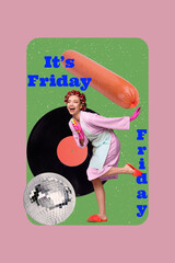 Trendy art creative zine photo collage of happy girl guy dance retro disco ball occasion event...