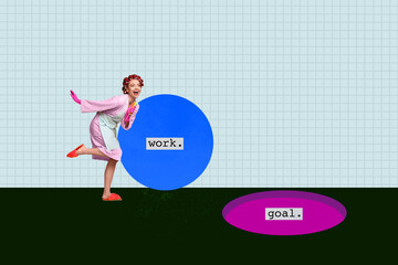 Poster image collage of person stand with circle round work goal phrase on blue background