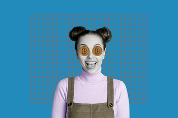 Creative collage of person making money online networking blogging bitcoin earning rising arrow...