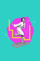 Vertical sketch 3d collage poster of happy housemaid girl wear bathrobe stand arrow cursor pointer...