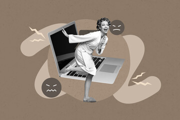 Poster trend collage of person dance sit netbook with textbox angry faces on brown background