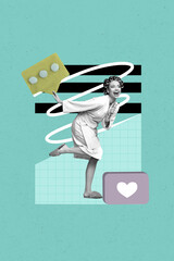 Pop zine vertical collage poster of happy guy girl receive like reaction smm social media heart...