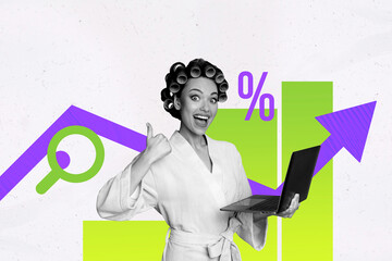 Trendy art creative full zine photo collage of happy businesswoman businessman stand arrow...