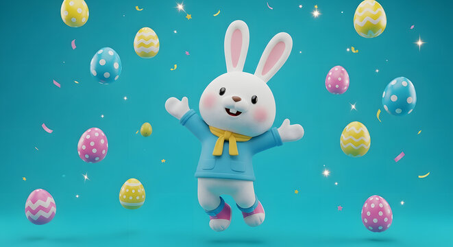 Cute cartoon vector illustration of a happy Easter bunny with colorful eggs and a spring hare, perfect for a festive holiday greeting card or animal celebration design