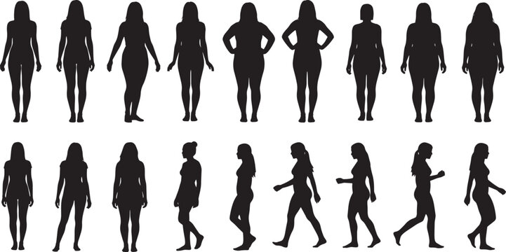 Diverse collection of female body silhouettes illustrating a wide spectrum of natural forms and shapes, symbolizing individuality, health, and promoting self-acceptance