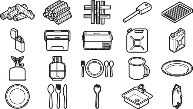 Camping essentials are neatly arranged in a monochrome illustration, presenting an array of items.