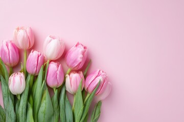 Fototapeta premium Spring background. Pink tulips with green stems, leaves on plain color backdrop. Flower pattern banner. Blossom abstract texture. Beautiful wallpaper. Flat lay. Floral bunch. Women Day, 8th March 8