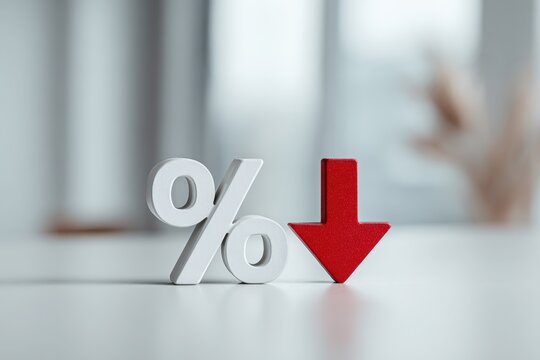 Percentage symbol next to red arrow pointing down. 3d percent sign on office background. Seasonal sale, discount. Rate for finance, return. Investment ROI. Financial concept. Falling interest rates