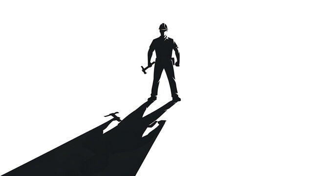A silhouette of a construction worker standing on a building edge with a hammer in hand, casting a long shadow.