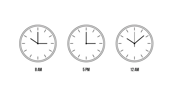 A minimalist vector graphic illustration of three clocks showing different times of day
