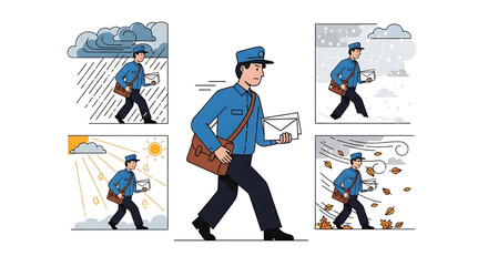 Fototapeta premium A vector graphic illustration of a mailman walking in different weather conditions
