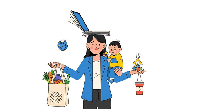 A busy working mom balancing her career and family life with a baby in her arms and various tasks floating around her