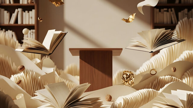 Minimalist Walnut Podium Amidst Sculpted Paper Waves for Book Day