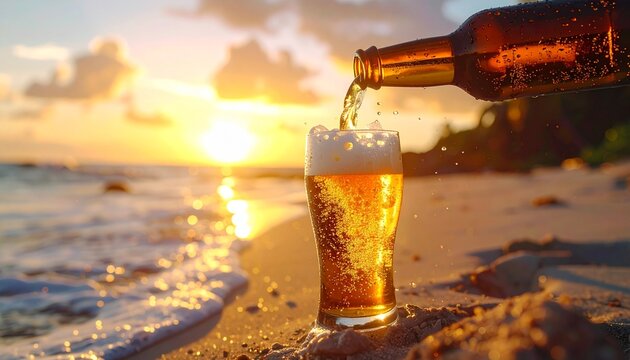 Beer on the beach. Fresh poured beer in a tall glass with a glowing seaside sunset.