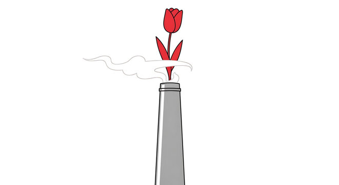 A minimalist vector graphic of a red tulip growing out of a smoking industrial chimney