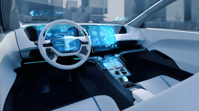 Futuristic autonomous car dashboard holographic interface