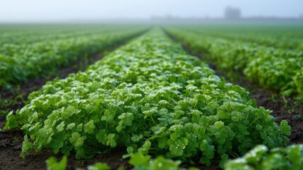 Obraz premium Vast rows of fresh arugula and kale growing in a misty agricultural field during daytime