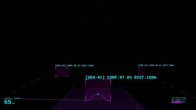 Autonomous vehicle dashboard displays real time object detection and distance tracking footage
