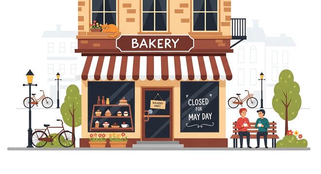A charming vector illustration of a bakery storefront with a closed sign on May Day